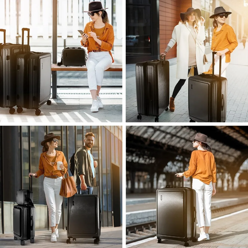 Ensemble de bagages élaborées avec roues rotatives, 4 pièces, grandes valises extensibles avec serrure TSA, ensemble de bagages de voyage noirs