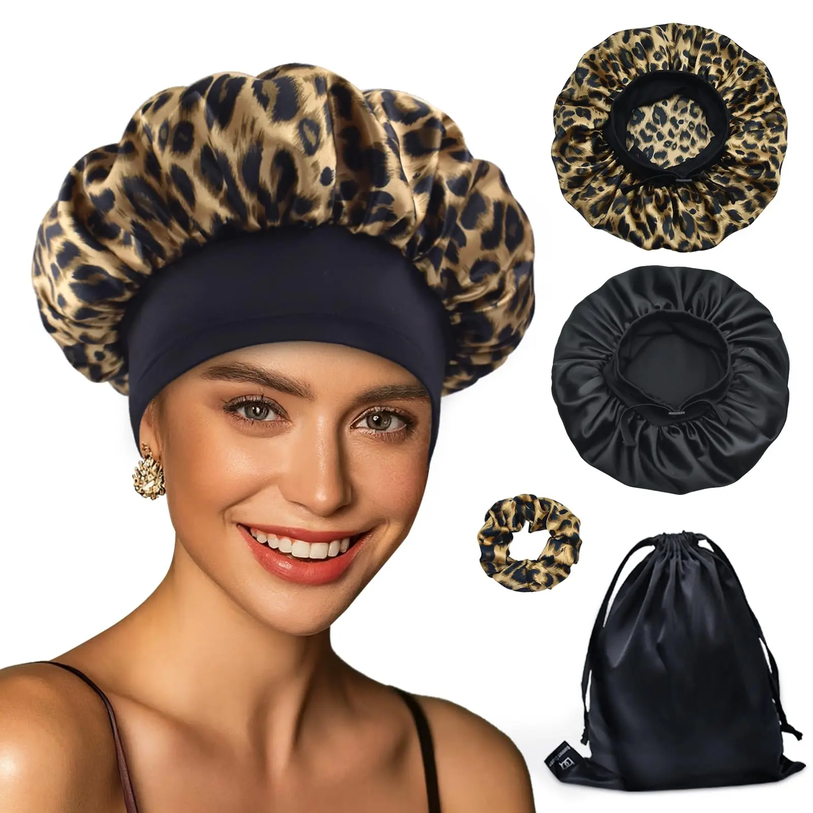 BONNET QUEEN Silk Bonnet for Sleeping Women Satin Hair Sleep Night Hat wrap Curly Black Leopard 4pcs Item Gift Pack