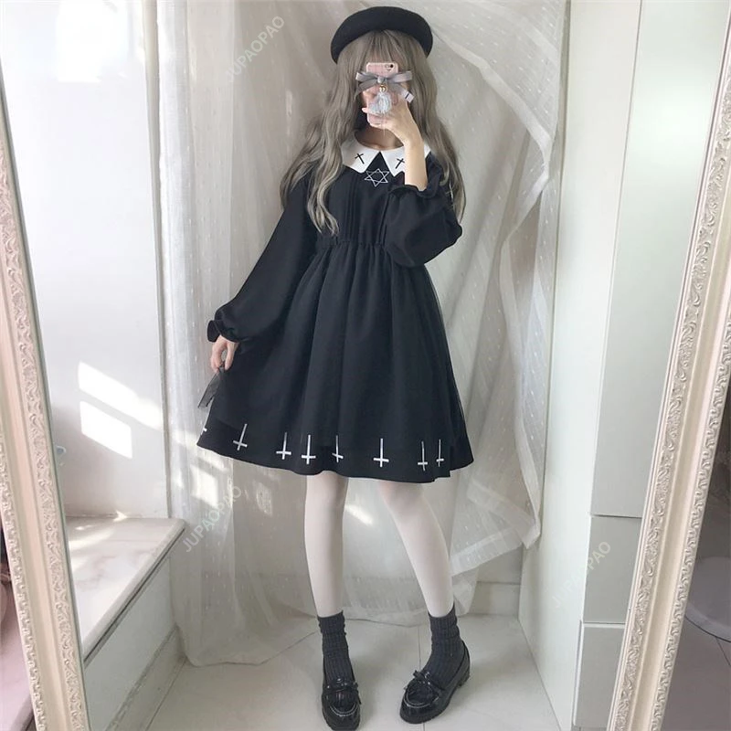 Cute Girl Gothic Lolita Dress Harajuku Fashion Cross Cosplay Female Dress Japanese Soft Sister Style Star Tulle Dress Streetwear