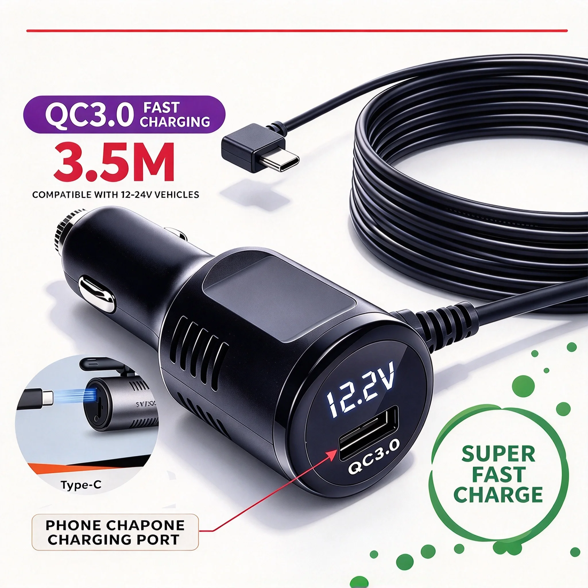 3.5M Long Cable Car Charger QC3.0 Fast Charge Type-C Connector Digital Display 12-24V Auto Power Adapter with USB Port for Phone