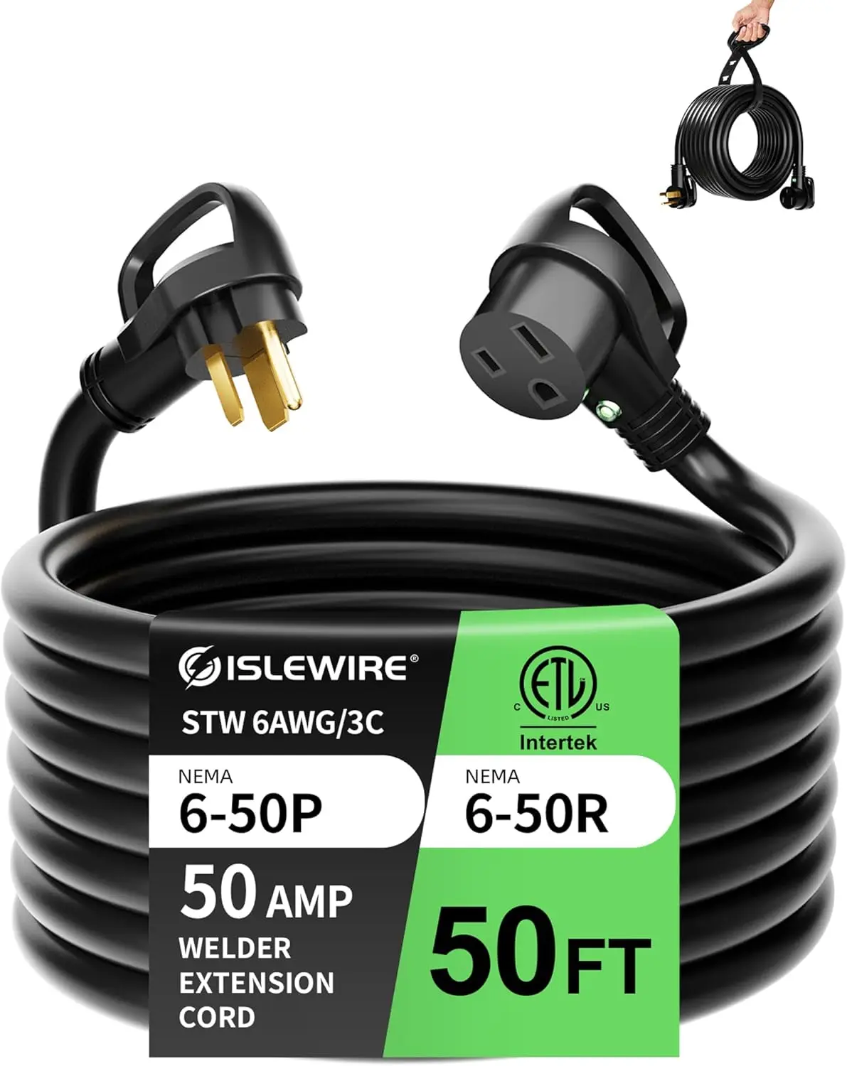 

6 AWG 50ft 250V Welder Extension Cord, 50A 3-Prong, ETL Listed, for Welding Machines & EV Charger