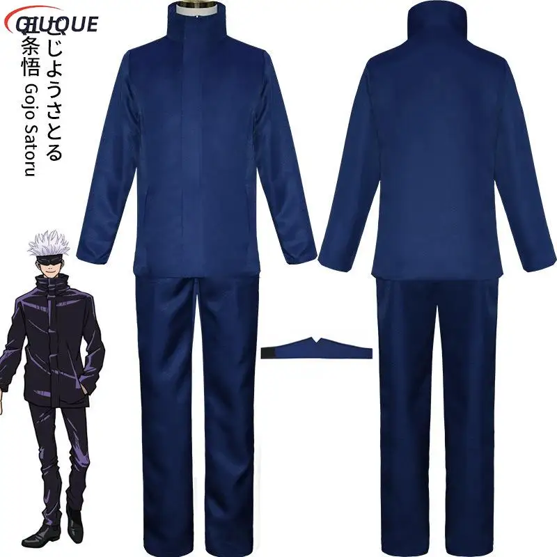 Disfraz de Cosplay de Gojo Satoru para hombres y niños, Parche de ojos, pelucas, gafas, Anime, fiesta de Halloween, uniformes, negro/azul, 110-3XL