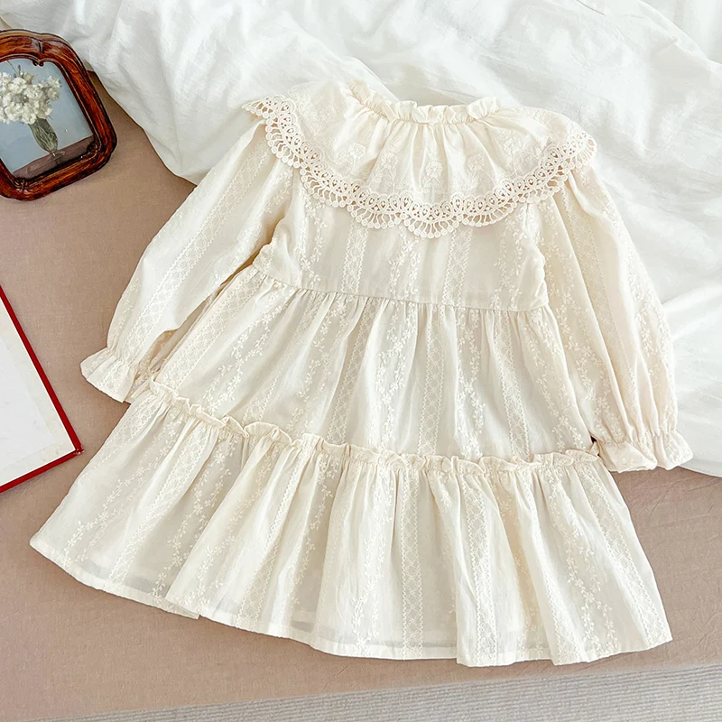 New Baby Girls Dress Girls Sweet Girl Dress Ruffle Trim Party Princess Dress Lace Collar Going Out Casual Dresses Little Clothes