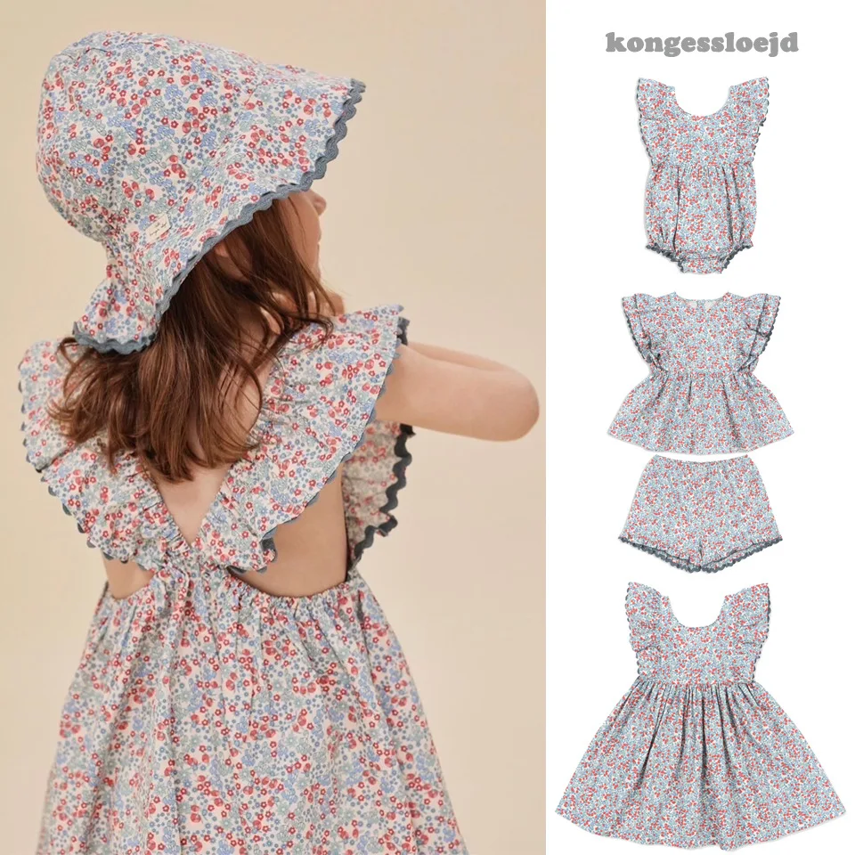 2025 Summer New Floral Skirt with Lotus Leaf Sleeves Top Dress Fashion KS Same Style Red and Blue