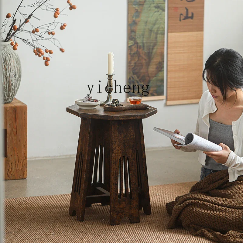 

ZYA Hexagonal Side Table Wabi-Sabi Style Homestay Solid Wood Vintage Living Room Sofa Side Small Side Table desk decoration