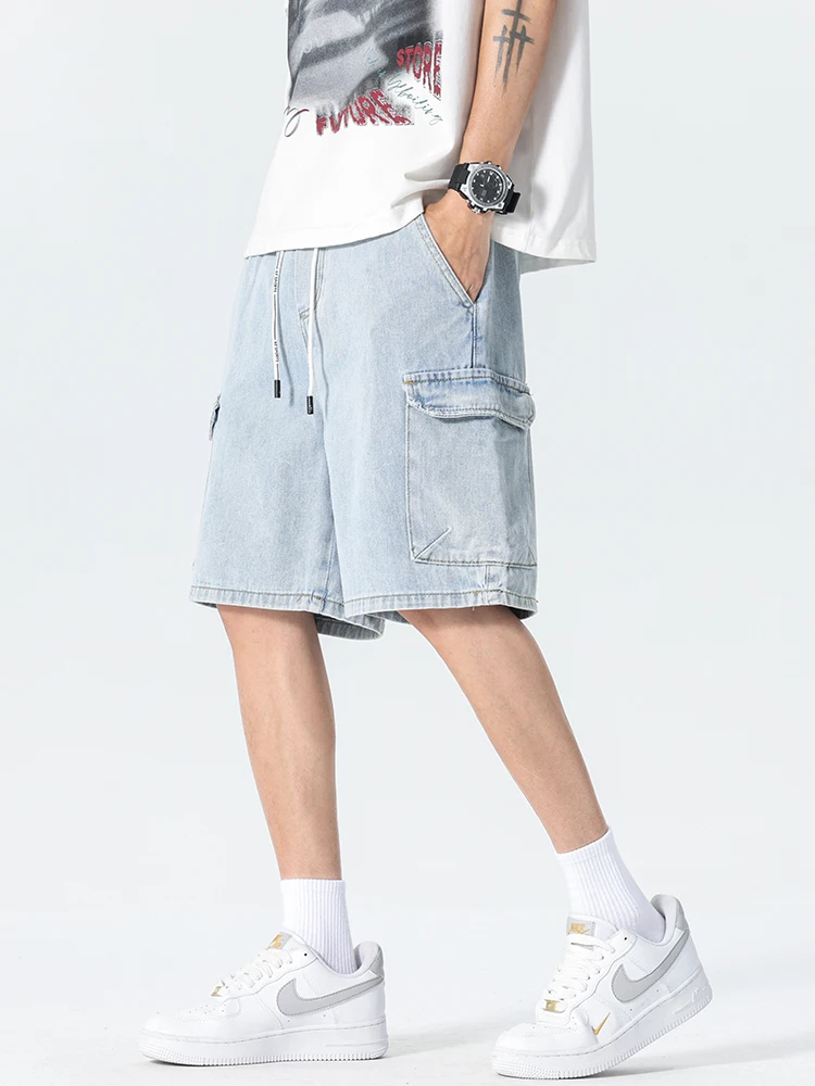 جديد الصيف الرجال الدنيم السراويل الضوء الأزرق موضة متعددة جيب فضفاض عادية البضائع السراويل الرجال 92% القطن مستقيم جينس قصير #4