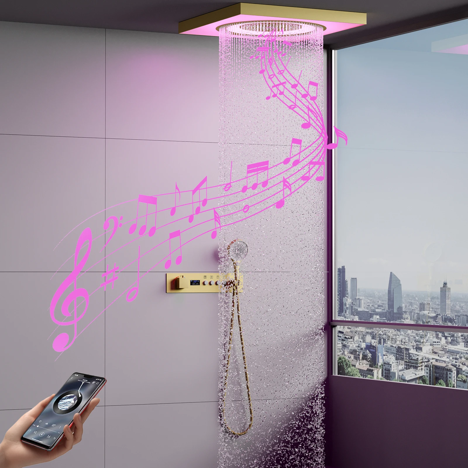 Embedded Ceiling 600*600mm Music LED Shower Head Rainfall System Bathroom Digital display Thermostatic Shower Faucet Set