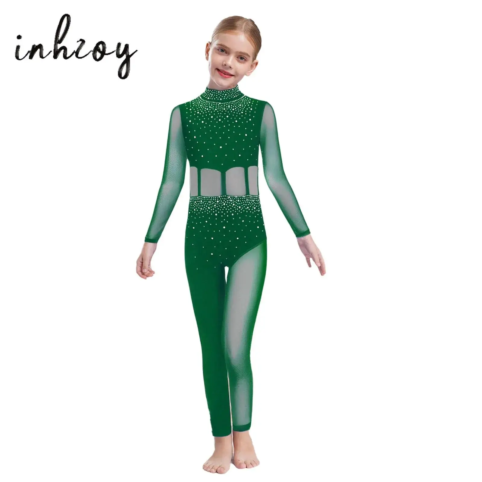 

Kids Girls Gymnastics Figure Ice Skating Dance Jumpsuit Long Sleeve Sparkly Rhinestones Sheer Mesh Patchwork Full Body Leotard