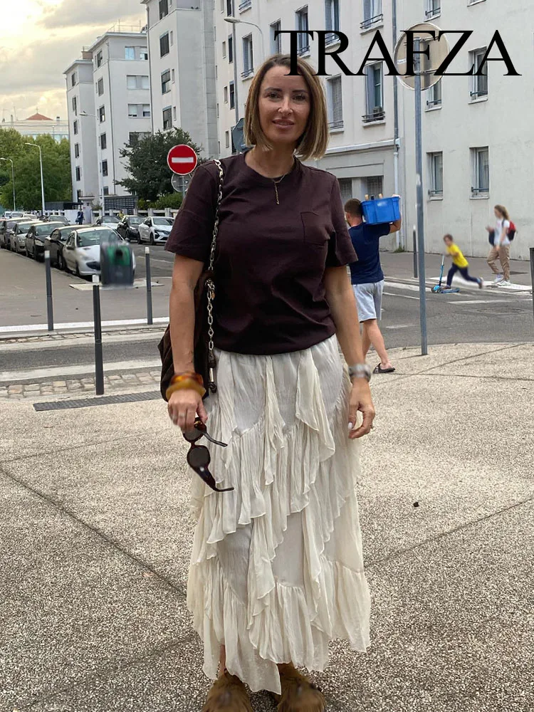 

HH Women Elegant Chic Stacked Ruffle Decoration Midi Skirt Summer Woman High Waist Solid Skirt Seaside Vacation Beach Skirt