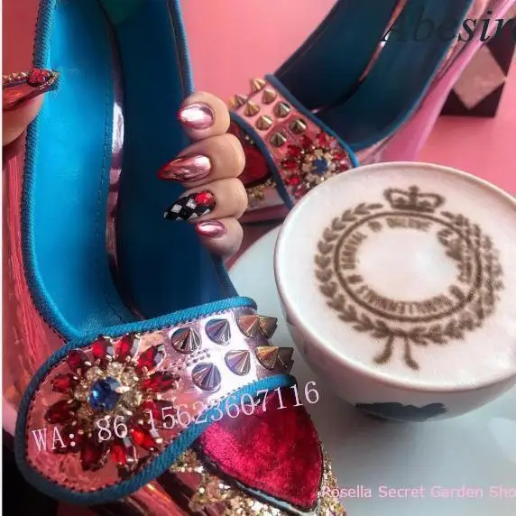 New Versatile Night Dance Embellished Tassel Red Heart Shoes for Women with Rhombus Heels and Crystal Rivets for Women