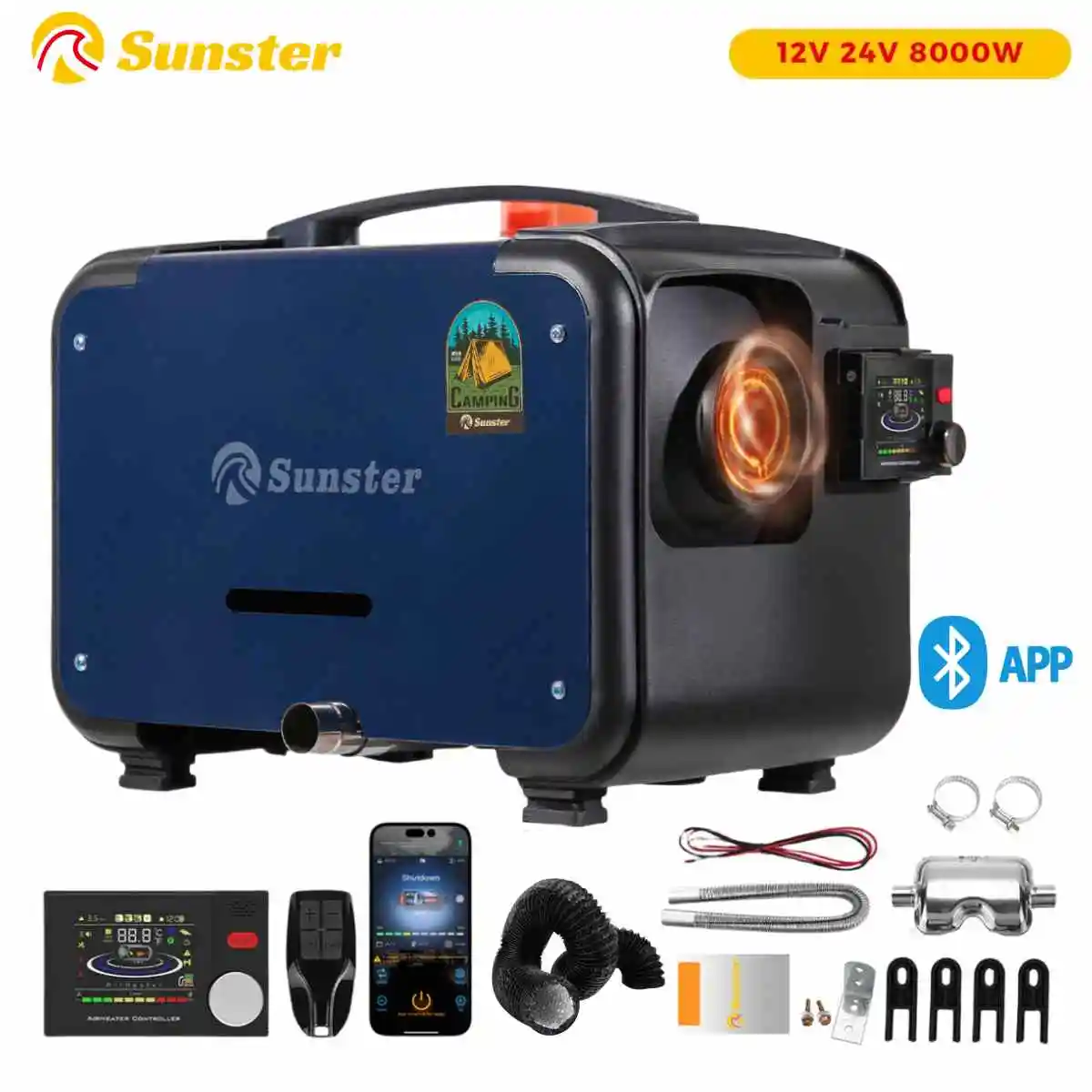 8KW 12V&24V portable Diesel Air Heater bluetooth App & Remote Control Ultra quiet Night Heater for RV car campervan tent home