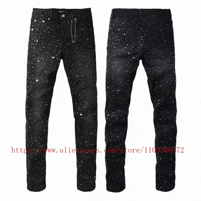 

New American High Quality Shining Diamond Men's Jeans Y2K Heavy Middle Waist Fashionable Stretch Slim Tight Jeans