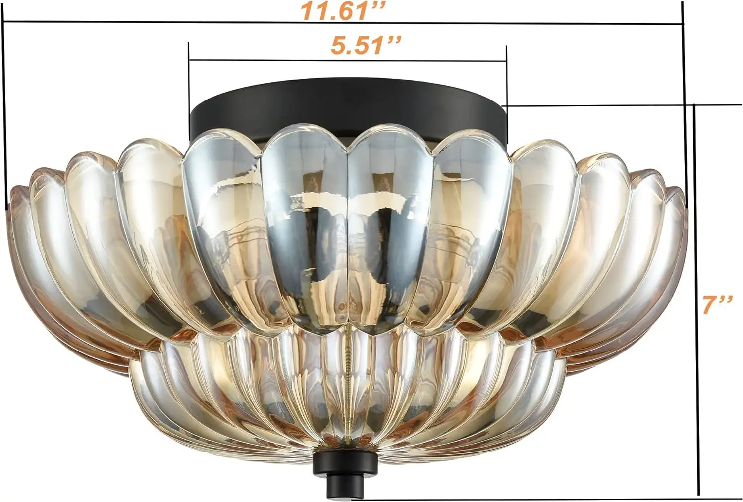 Hydelite Modern Black Flush Mount Ceiling Light 3-Light Close To Ceiling Light Fixtures With Scalloped Amber Glass Shade For