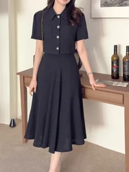 Korea Elegant Two Piece Sets Vintage Office Lady Short Sleeve Crop Top + A Line Skirts Suit Summer Black Outfit Fashion 2pc Set