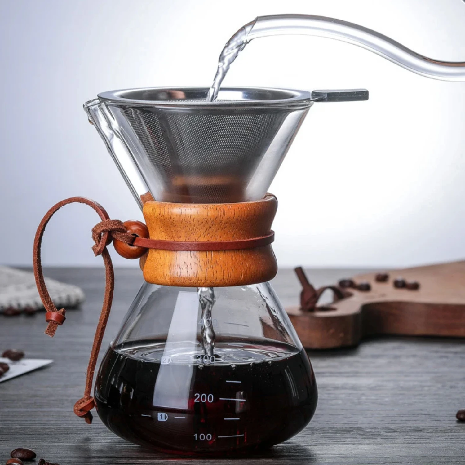 

Pour Over Coffee Maker 400ML 600ML 800ML Reusable Stainless Steel Permanent Filter Manual Coffee Dripper with Real Wood Sleeve