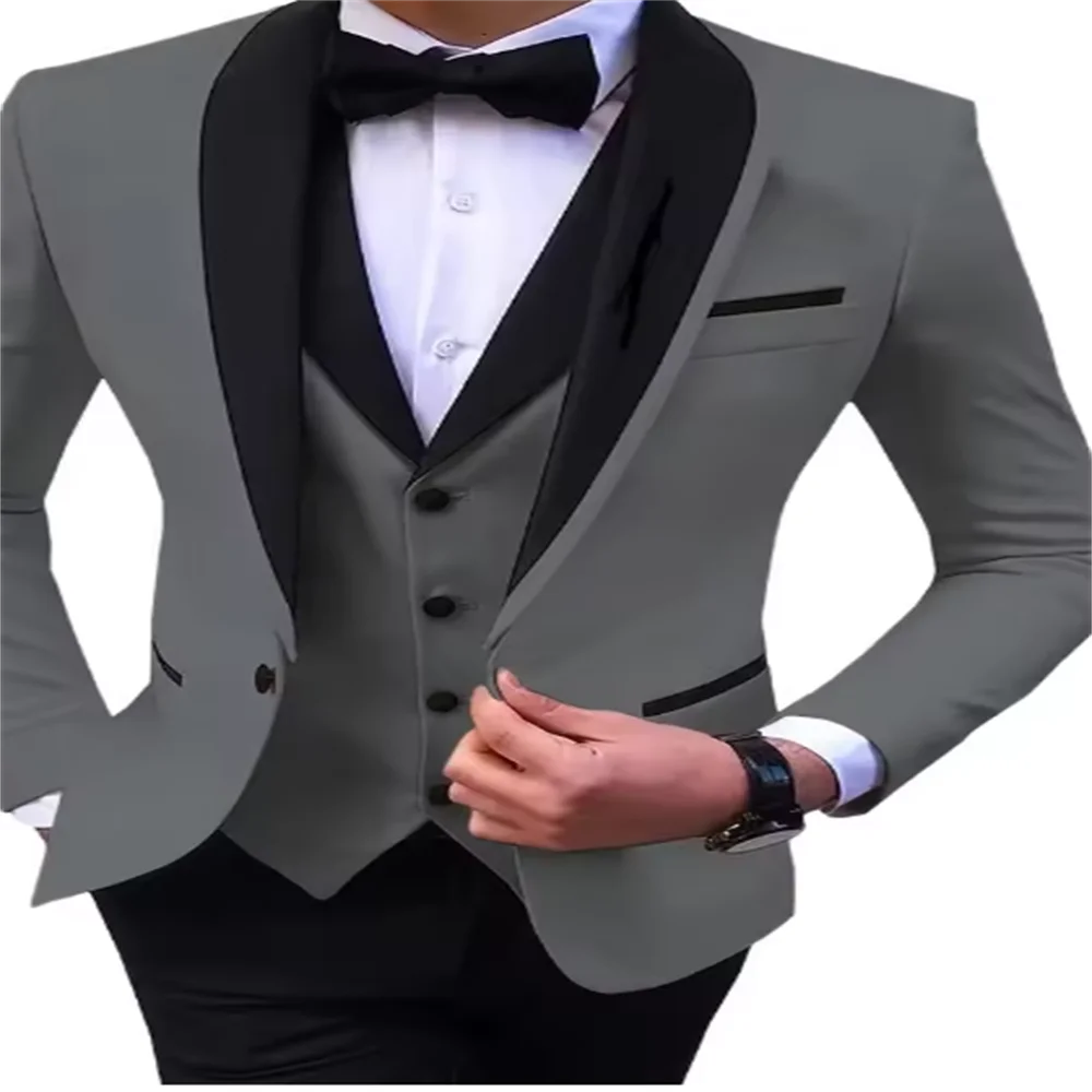 

custom white Men Suits for Wedding Groom Blazer Tuxedo Slim Fit 3-piece Color blocked lapel black Costume Hommes Terno Masculino