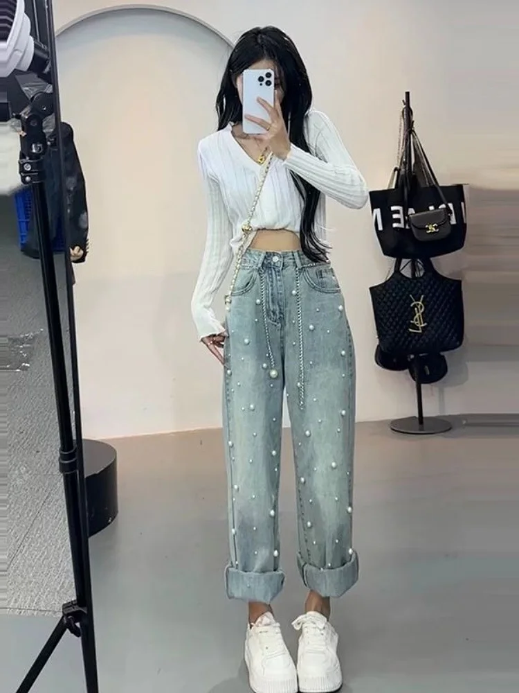 

Summer 2024 Women's High Waist Wide Leg Jeans Heavy Embellished Light Denim Straight Cut Slimming Design Korean European Style