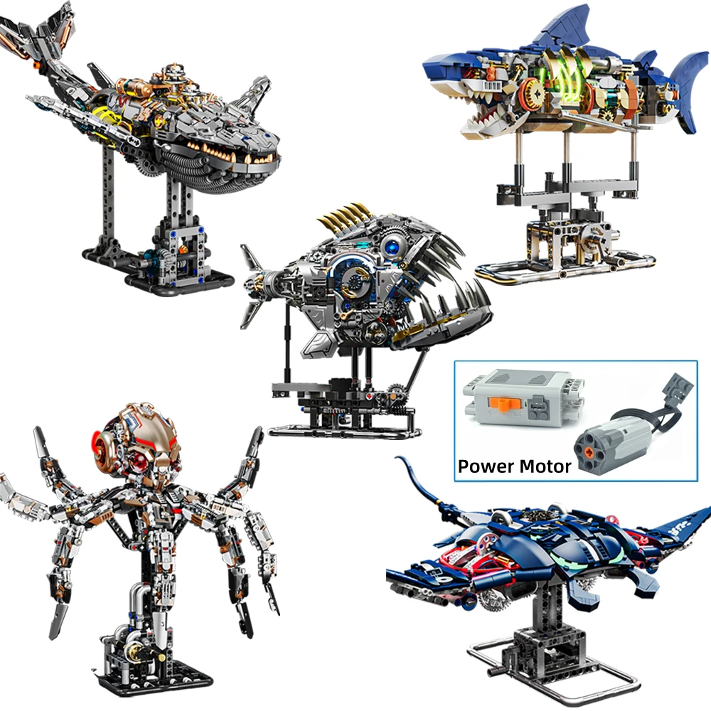 Mechanical Whale Shark Octopus Piranha Manta Ray Sea Fish Building Blocks Bricks Power Motor with Light Animal Toy for Kid Gifts