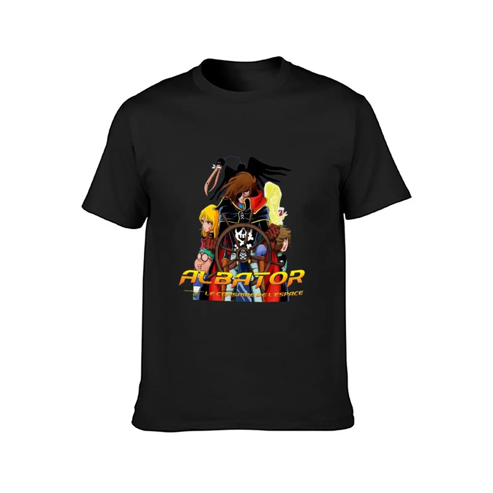 Space pirate albator on ship holds the helm with teammates T-Shirt vintage boys whites workout shirts for men