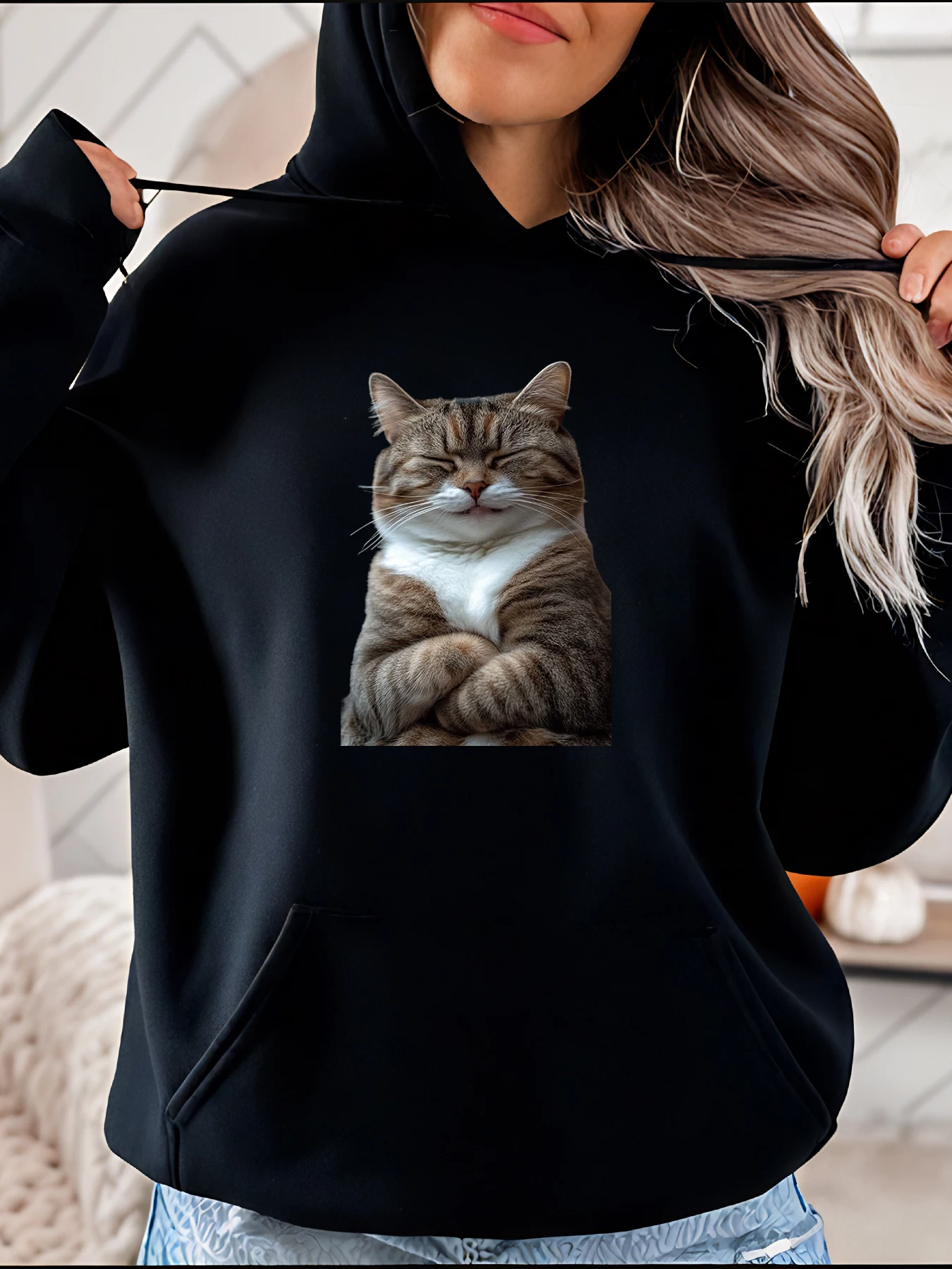 Bluza z kapturem z nadrukiem kota damska codzienna jesienno-zimowa unisex modna streetwearowa 280