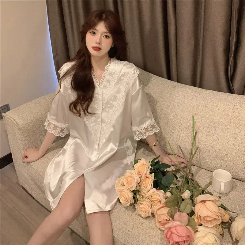 Solid Nightgowns Women V-neck Spring Summer Lace Decoration Half Sleeve Single Breasted Chiffon Sexy Home Sweet Cozy Loose Chic