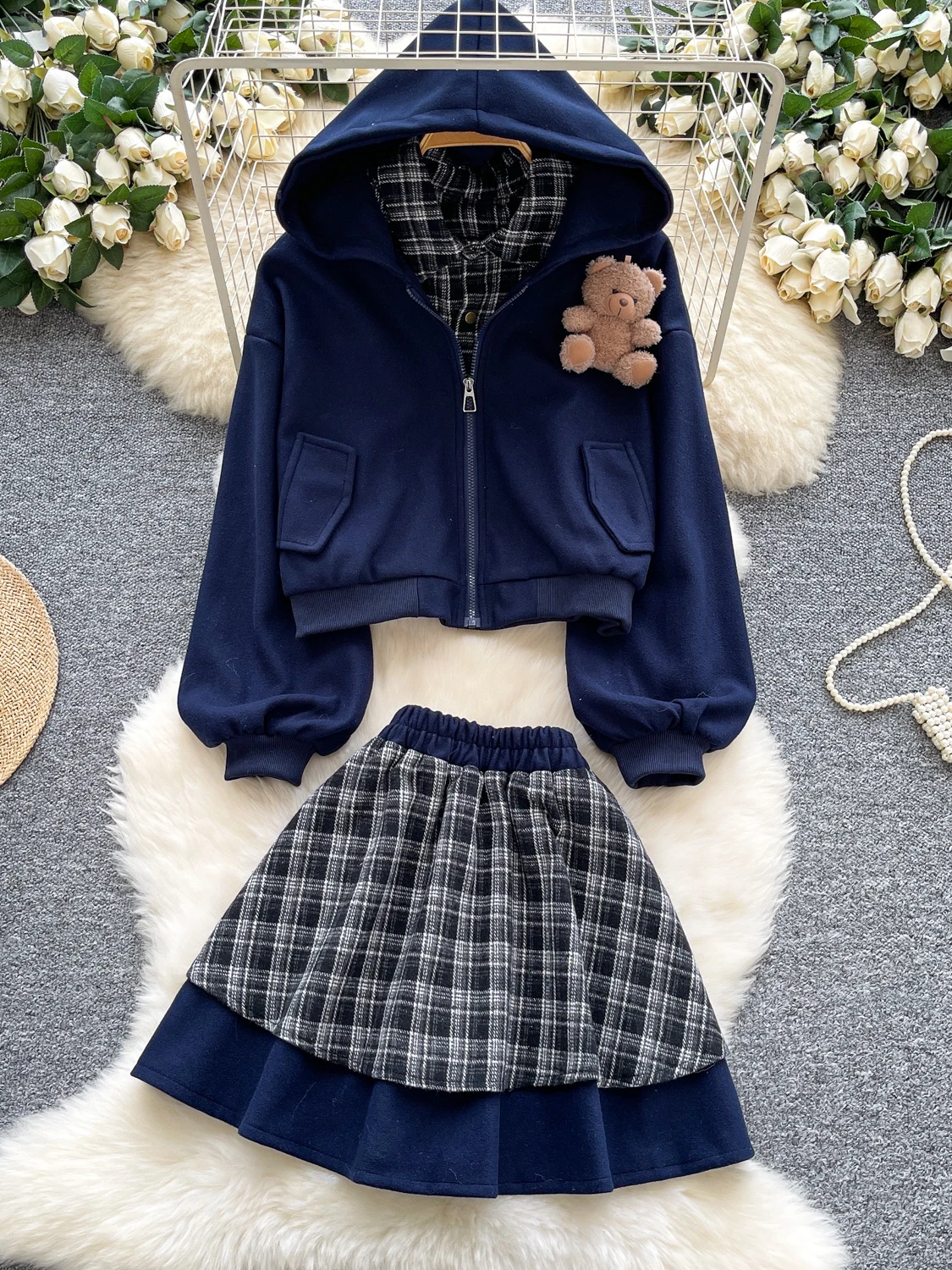 Sweet And Spicy Girl Casual Set Women's Autumn Faion Plaid Patchwork Hoodie Jaet High Waist  Skirt Two Piece Set