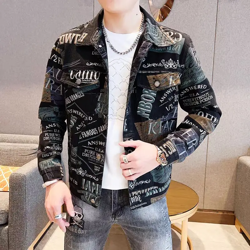

Faionable Luxury Printed Men's Denim Jaet Turn-down Collar Versatile Sli Outerwear for Youth Spring Autumn Season