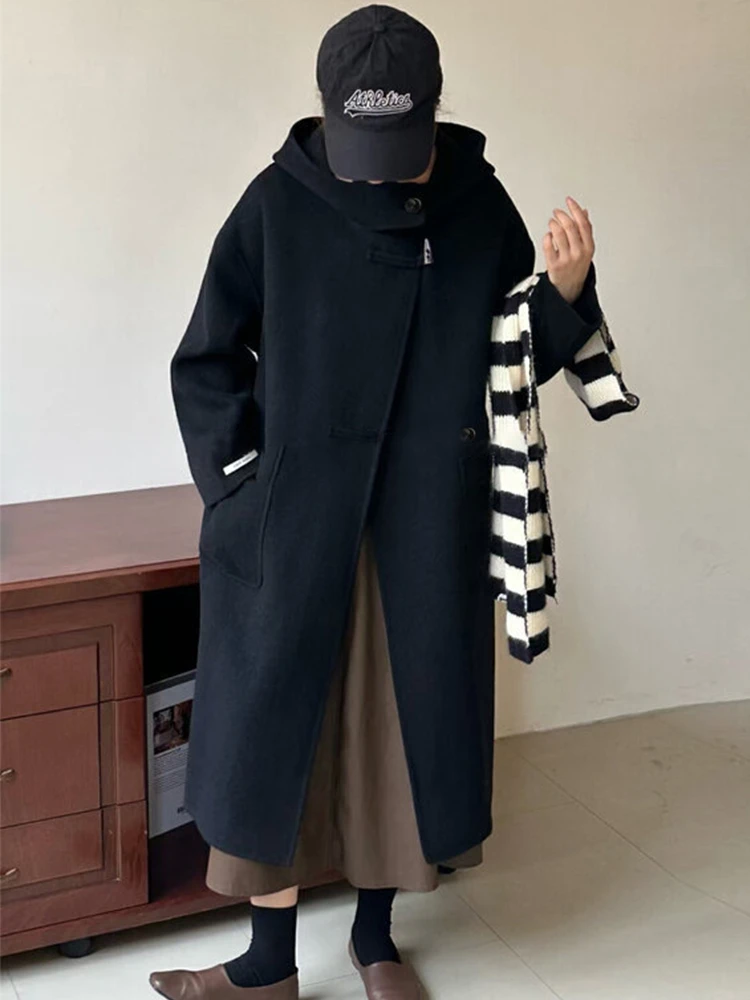 

Женское шерстяное пальто Ele Bla, длинное, осенне-зимнее, новое, в корейском стиле, с капюшоном, из полиэфирного волокна, 100%