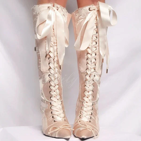 Nude and Pink Satin Satin Patchwork Boot Pointy Toe Bow Stiletto Heel Lace Up Girl Ballet Knee High Boot Black Dance Shoes