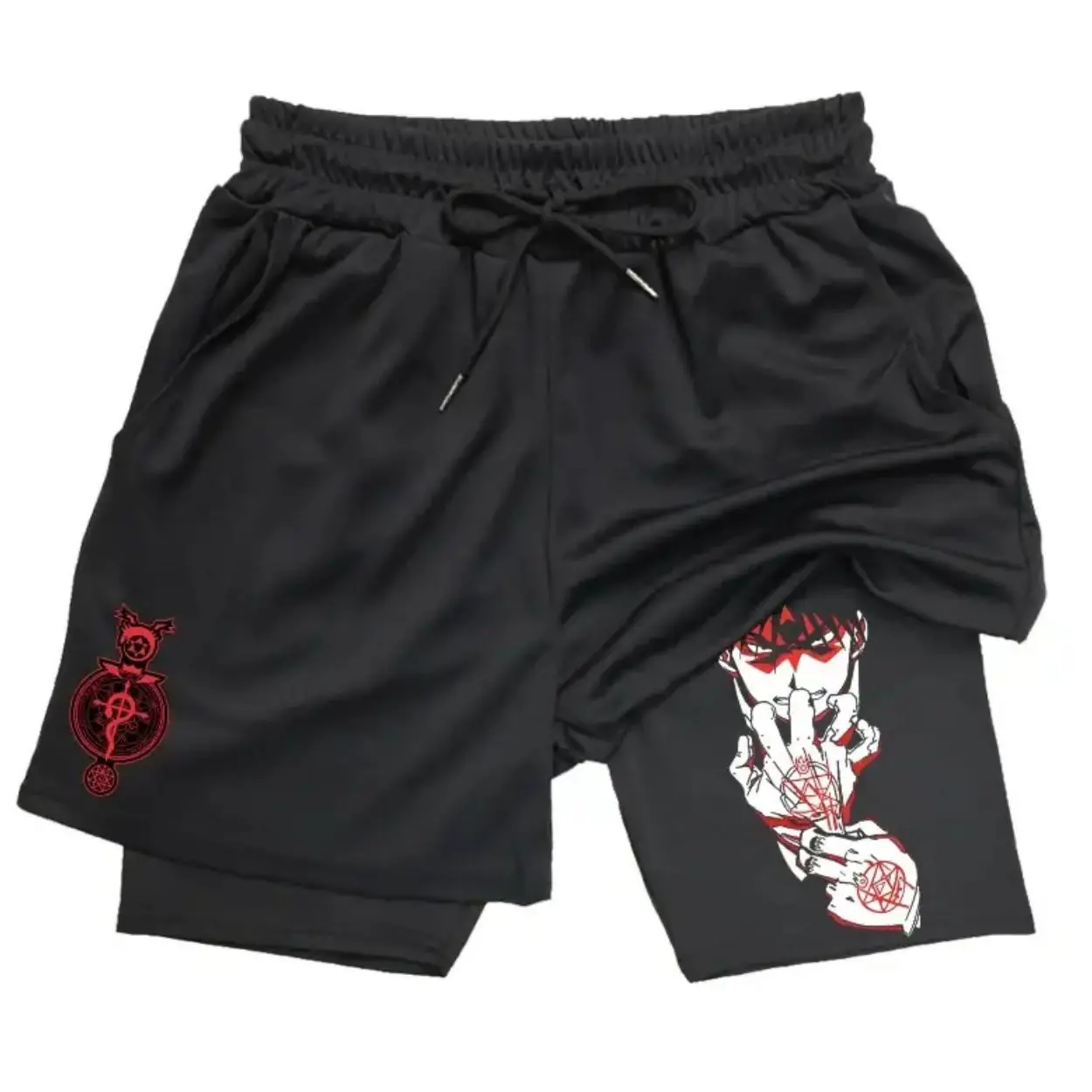 

Fullmetal Alchemist Anime Men's Black Shorts with Edward Elric Automail Arm Print Red Alchemy Symbol Elastic Waistband
