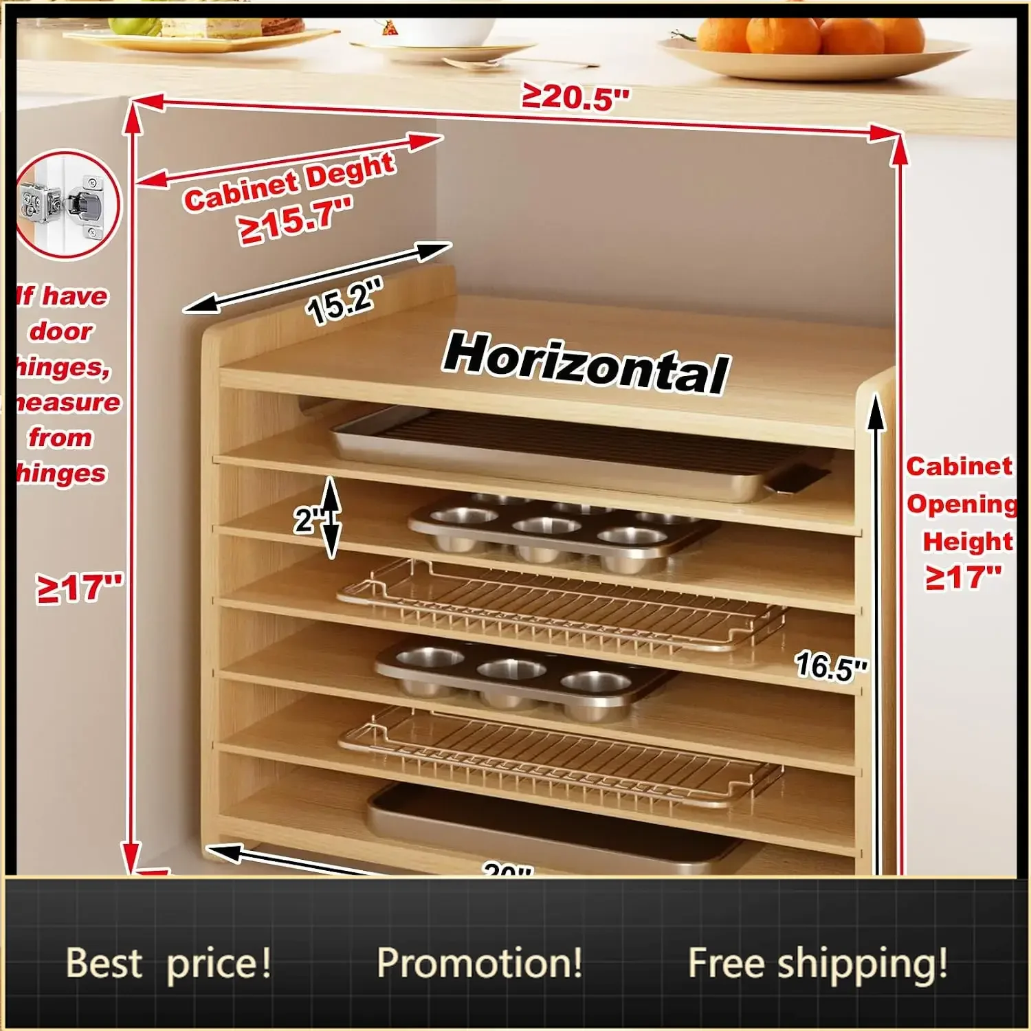 7 Tier Wooden Tray Dividers for Cabinets Cookie Sheet Organizer for Pot, Pans, Baking Tray Organizer for Kitchen Documents