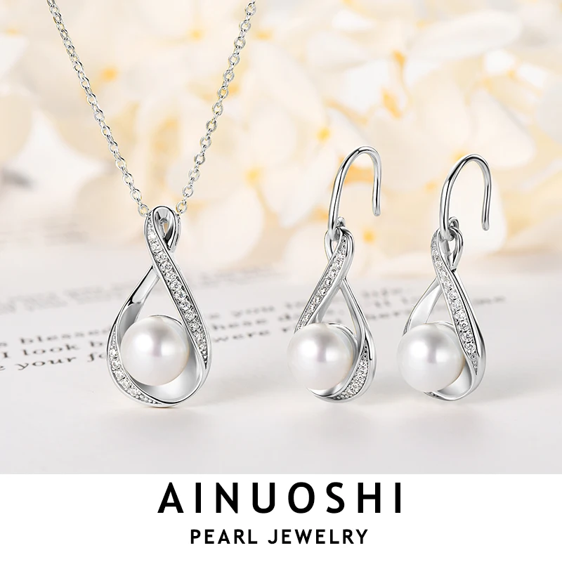 AINUOSHI 925 Sterling Silver Moissanite Earring 8-9mm Natural Freshwater Pearl Infinity Pendant Necklace Jewelry Set For Wedding