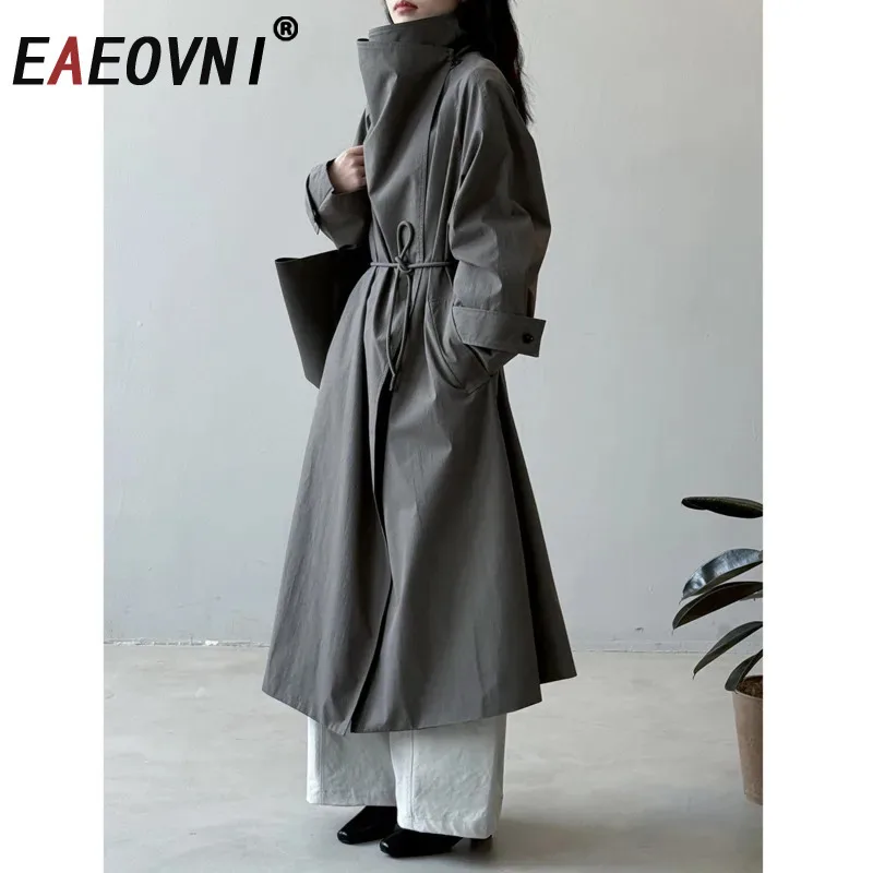 

EAEOVNI модный длинный плащ на шнуровке, женский однотонный дизайн с воротником-стойкой, темпераментная ветровка, осень 2021, новая одежда