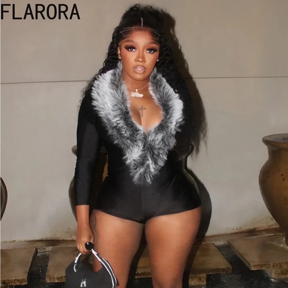 

FLARORA Sexy Faux Fur Patchwork Romper Woman Deep V Neck Long Sleeve Skinny One Piece Playsuits Elegant Midnight Party Clubwear