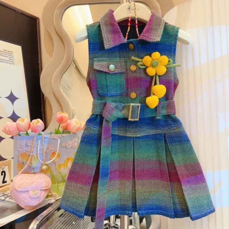 

New Summer Denim Plaid Sleeveless Dress for Little Girls, Popular Summer Denim Dress for Babies