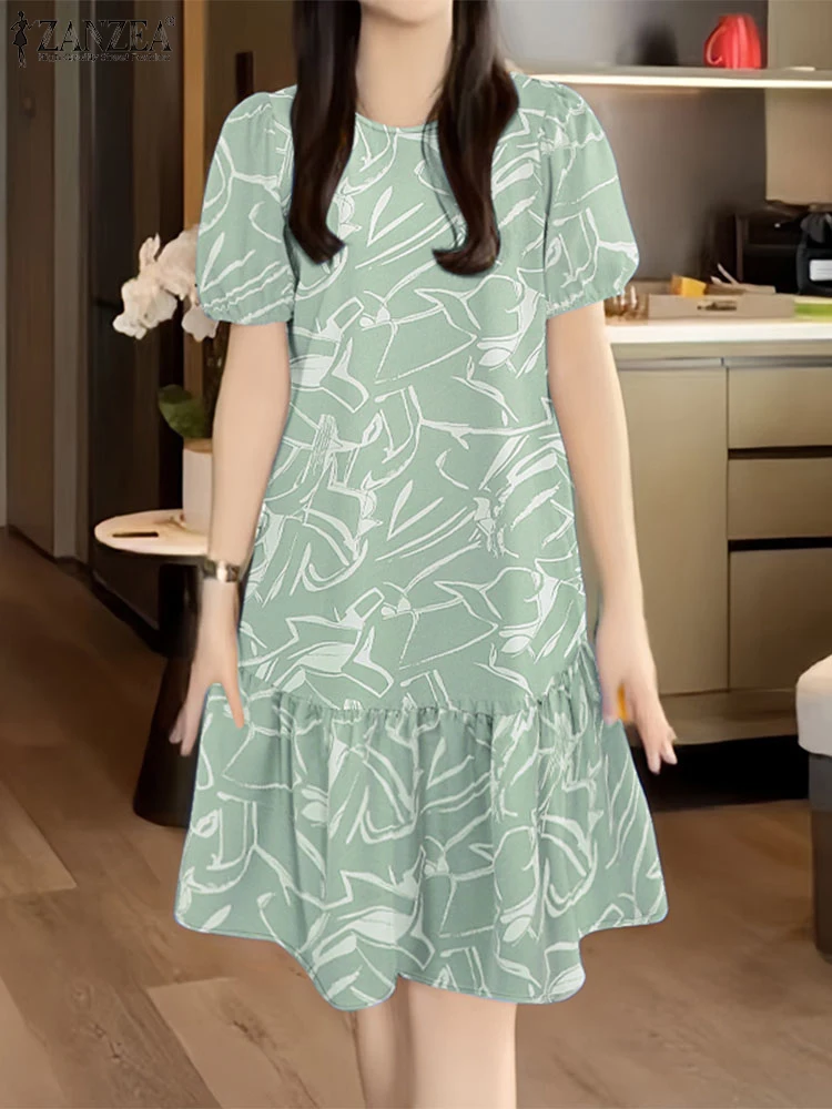 2025 ฤดูร้อนชุด ZANZEA ผู้หญิงพิมพ์ชุดเดรสสั้นพัฟแขนเสื้อลําลอง O คอวันหยุดเข่าความยาว Vestidos