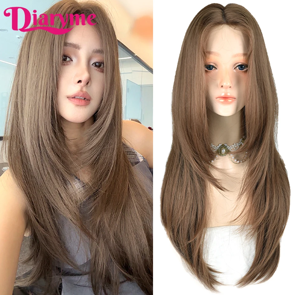 layered Long Straight Synthetic Wig Female Flax Gold Brown Middle-part Forehead Lace universal Cos Wig Cosplay Woman Wigs Hair