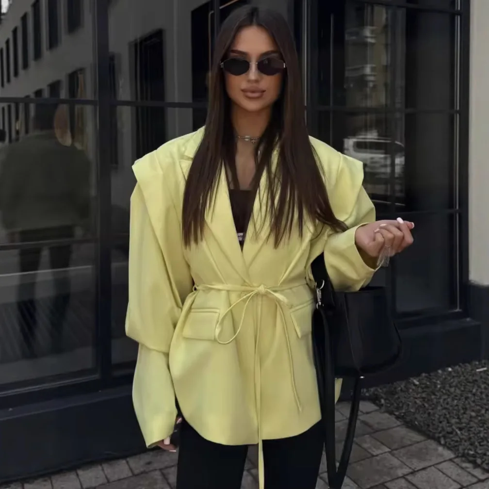 Retro Brown Belted Blazer Coats Women's Fashion Lapel One Button Oversized Jackets 2025 Autumn Office Commute Street Outerwears