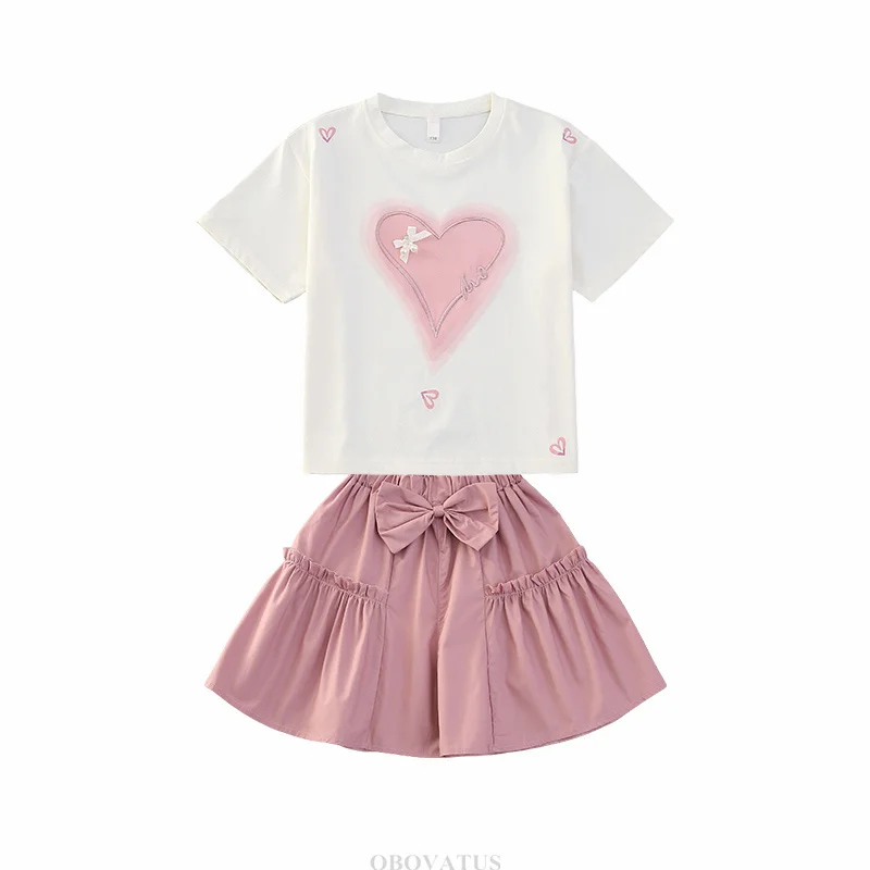 Summer Girls Heart T-Shirt + Khaki Shorts Set Child Short Sleeve Top and Bottom Clothes Set 2Pcs Korean Kids Suit 5 7 9 11 13 14 - Image 4