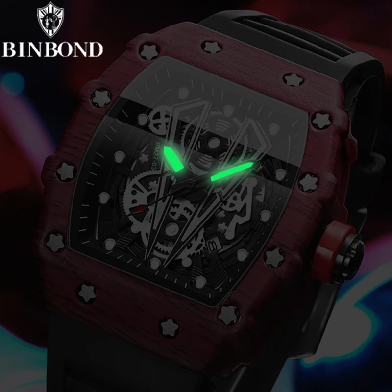 BINBOND ساعة رجالية جديدة ساخنة الاستبداد برميل منحني مرآة سطح مجوف الرياضة مقاوم للماء ساعة سيليكون كوارتز رجل ساعة اليد