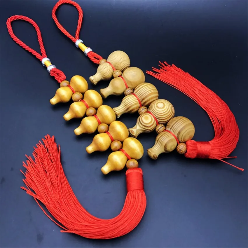 Chinese Style Natural Gourd Arts Pendant Peach Wood Carved Calabash Copper Coins Hand-woven Hangings Home Car Accessories Decor