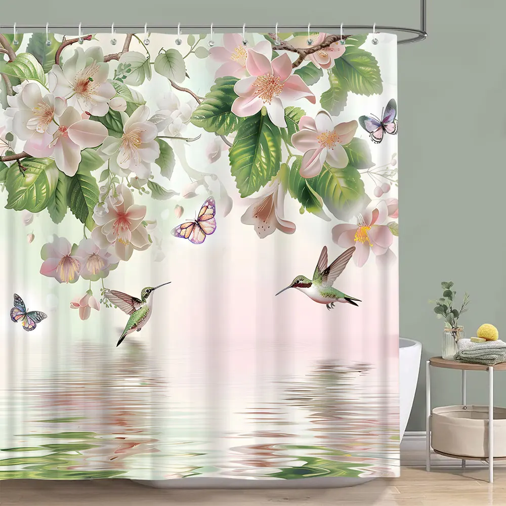 Beautiful Hummingbird Floral Shower Curtain Butterfly Flower Botanical Watercolour Print Polyester Shower Curtain Bathroom Decor