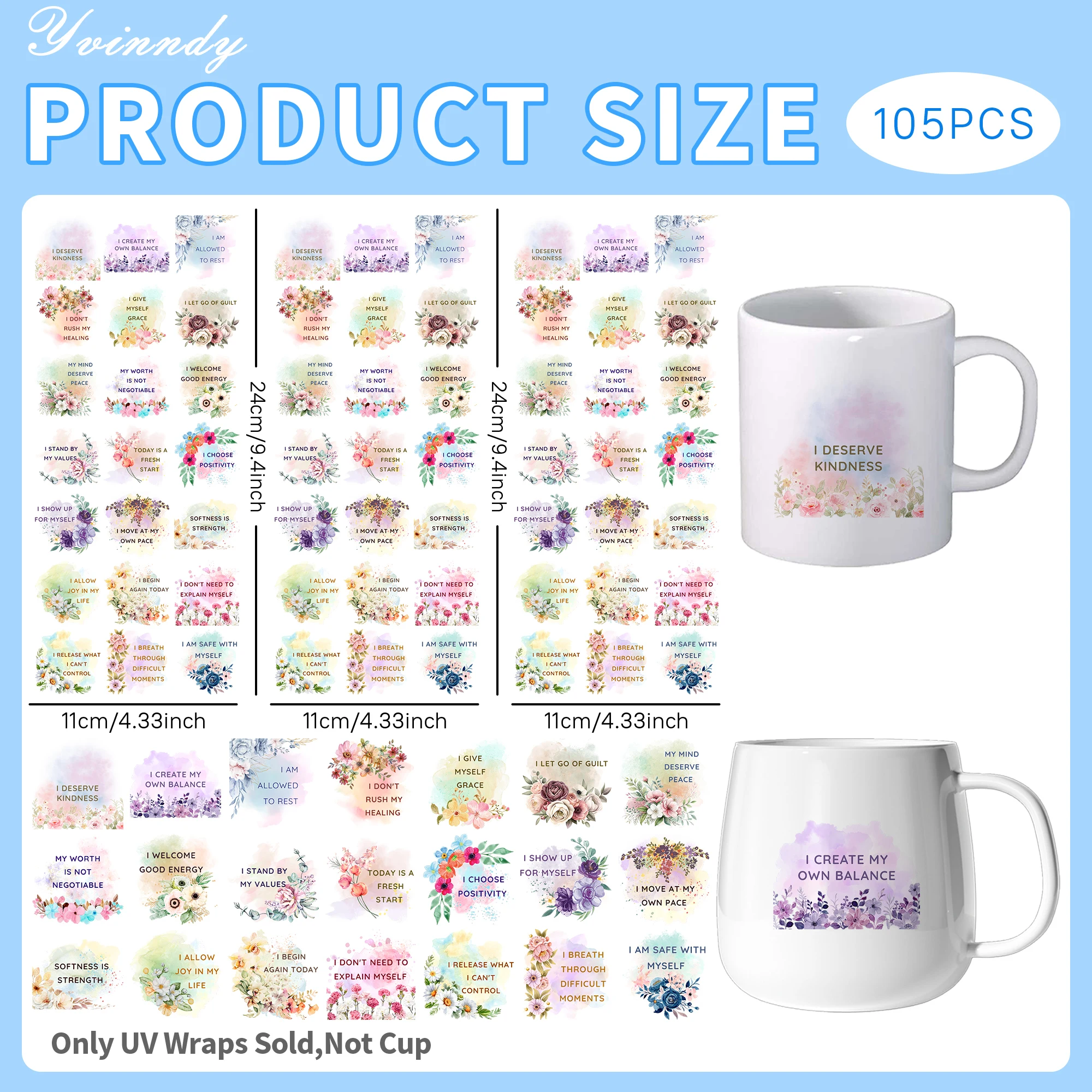 105Pcs/Set SelfLove Digital UV DTF Transfer Sticker DIY Craft Kits with Crystal Label 16oz Glass Jars Wrap Stickers