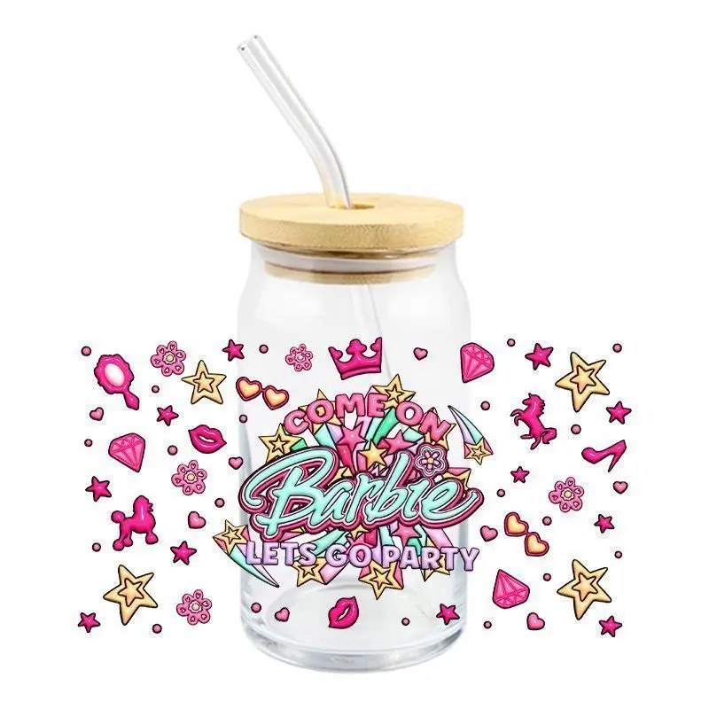 Miniso Barbie Stickers UV DTF Crystal Transparent Sticker Pink Barbie Princess Glass Cup Waterproof Scratch Resistant Stickers