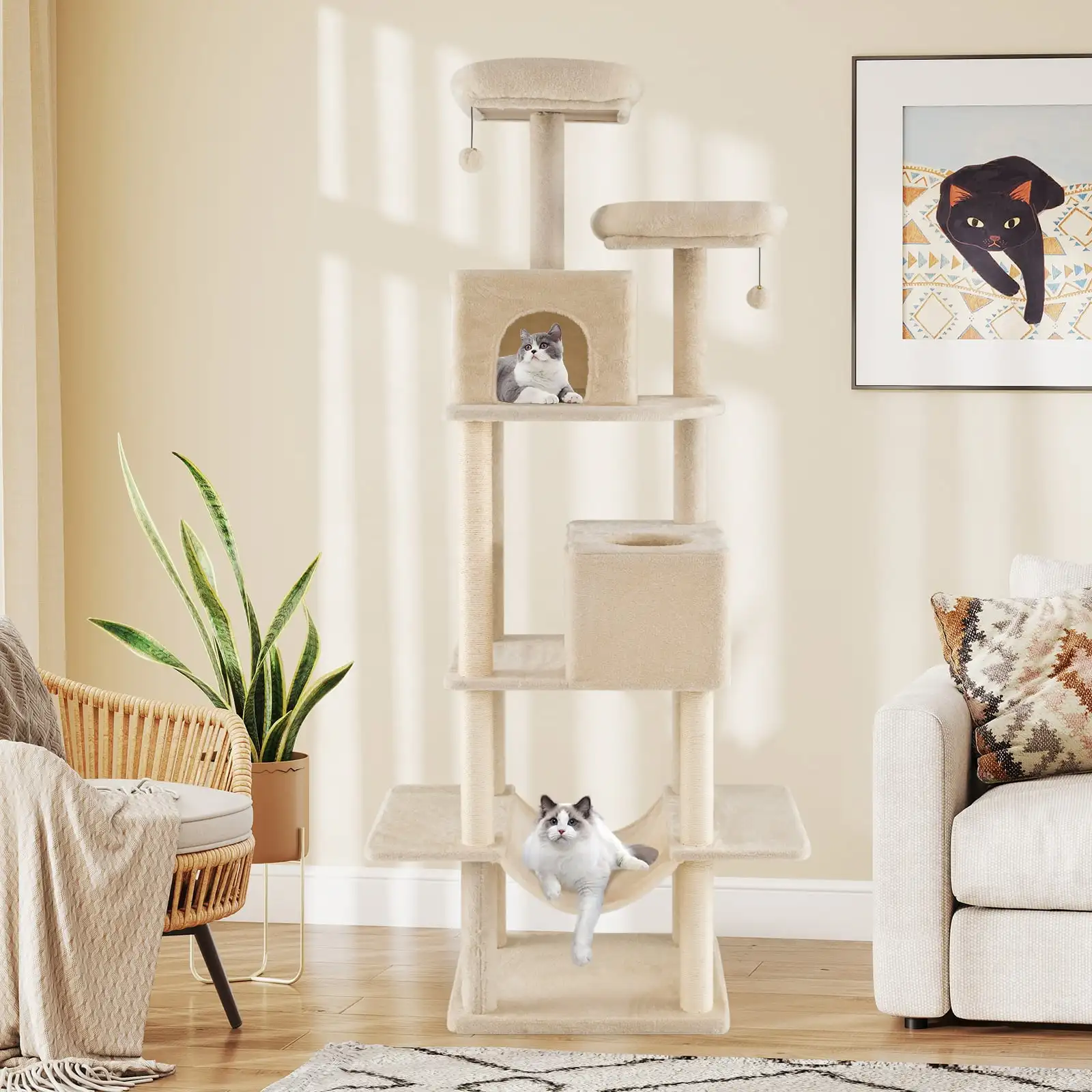 205cm Grote Multi-Level Kattenboom met 2 Holletjes, 2 Rustplaatsen, Sisal Krabpalen, Beige