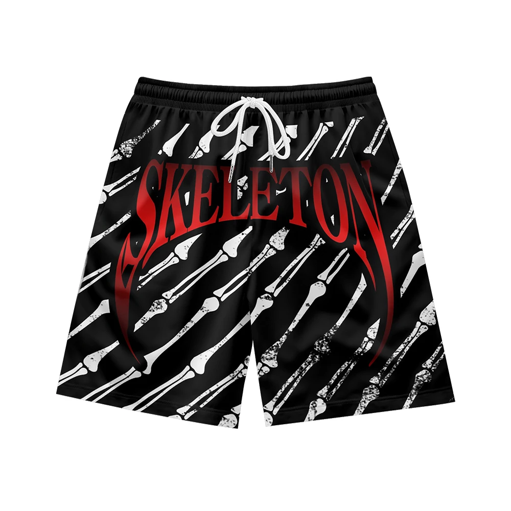 Cool black skull pattern suitable for daily wear, simple temperament, casual trend, summer men's drawstring beach sports shorts