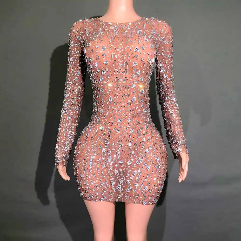 

Sparkly Rhinestones Long Sleeve Short Dress for Women Sexy Mesh Transparent Party Celebrate Prom Birthday Dress Photo Shoot Wear