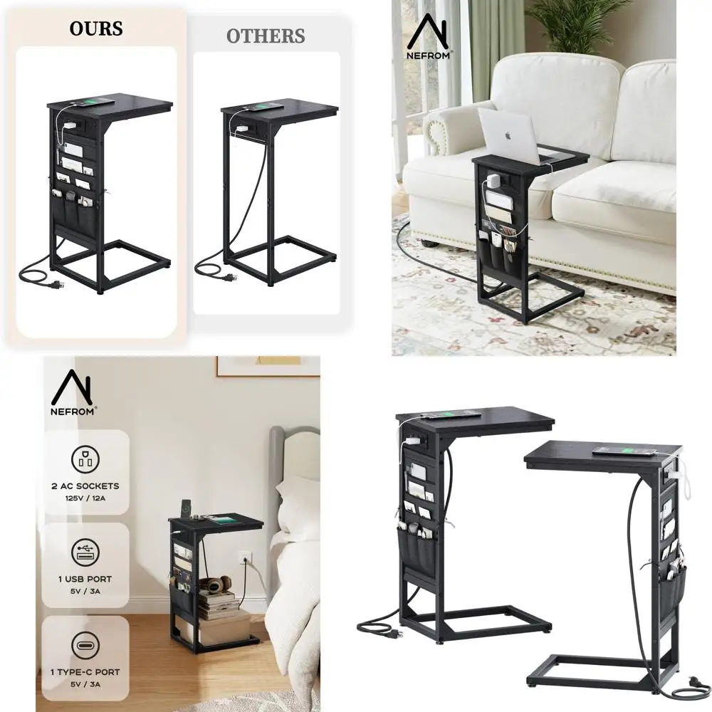 

Pair of C-Shaped Side Tables with Charging Station & Storage, Ideal for Living Room and Bedroom, ET-BK-2