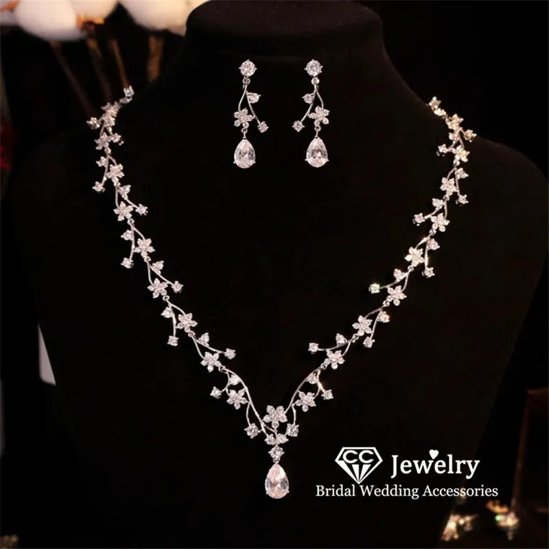 

CC Romantic Jewelry Set Women Accessories Bridal Dress Wedding Bijoux Engagement Flower Shape Necklace Earring Sets 2 PCS HL125