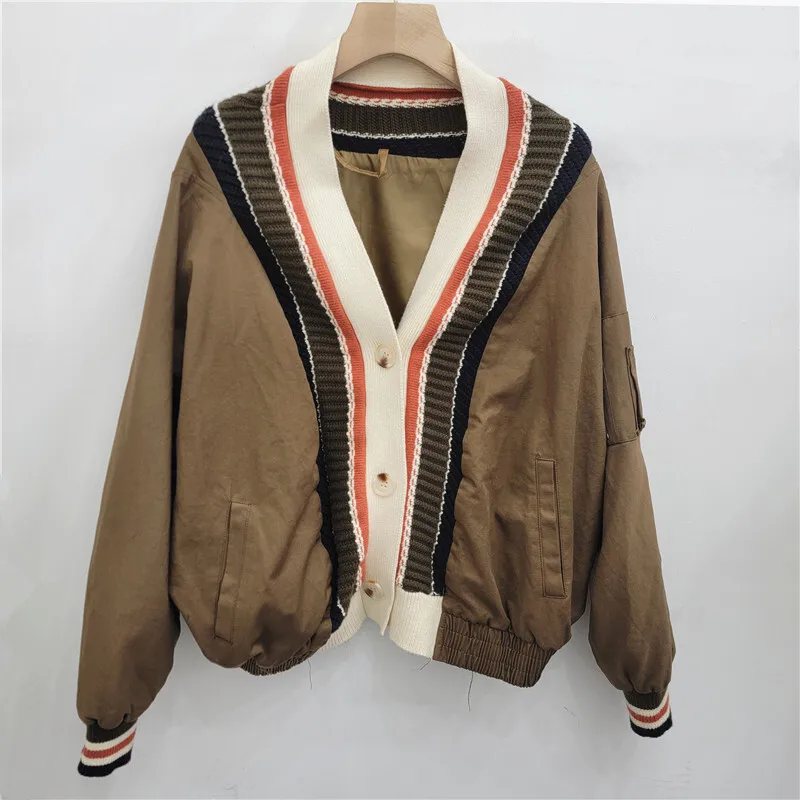 WTHT Trendy New Women's Knitted Striped Edge Casual Cargo Jacket 2024 Autumn Fashion V-neck Long Sleeves Coat Female 1LS246